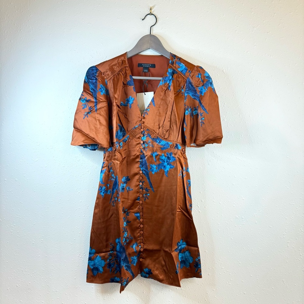 All Saints Tiam Iona Silk Blend Empire Waist Satin Mini Dress Size 0 NWT - Picture 7 of 16